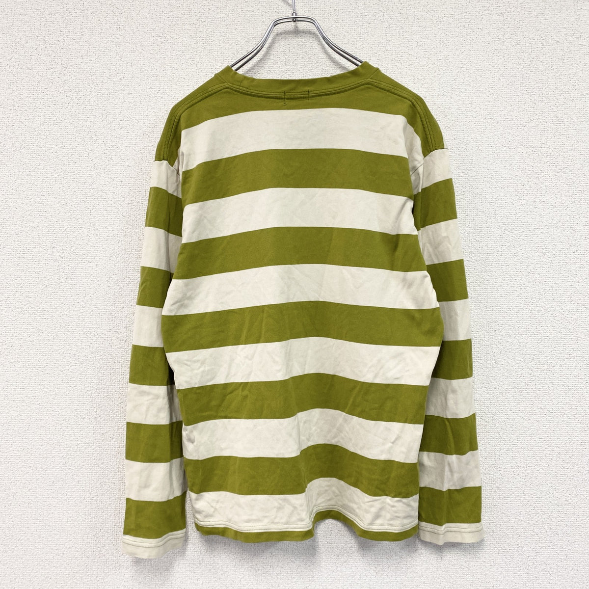 90s　OLD UNIQLO　オールドユニクロ　長袖Tシャツ/ロンT　ボーダー　ヴィンテージ　黄緑　ライトグリーン　ベージュ　Lサイズ　古着