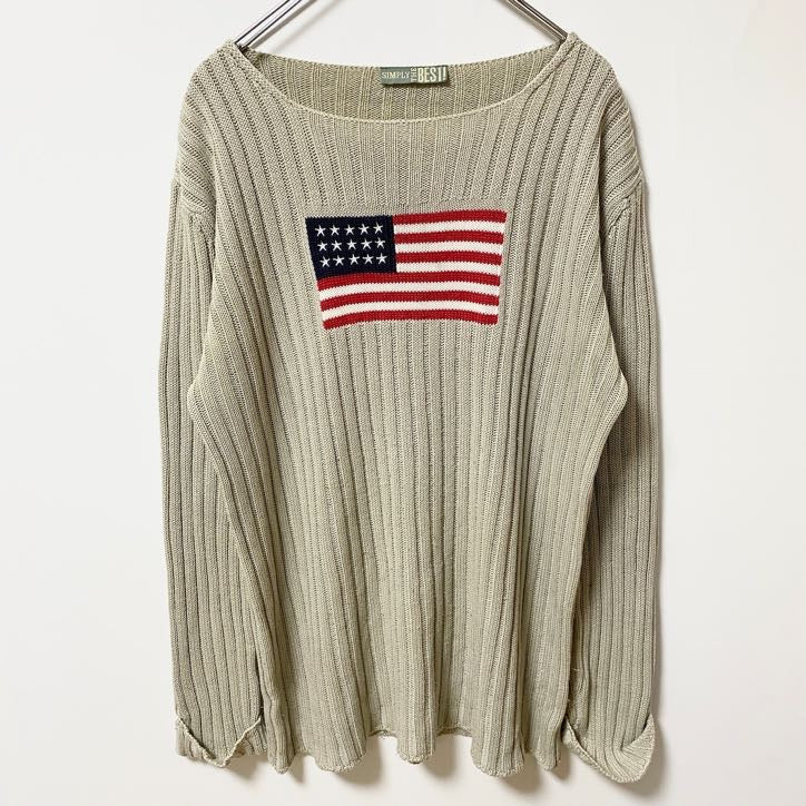 SIMPLYTHEBEST!　長袖デザインニット　セーター　アメリカ国旗　星条旗　ベージュ　秋冬服　古着