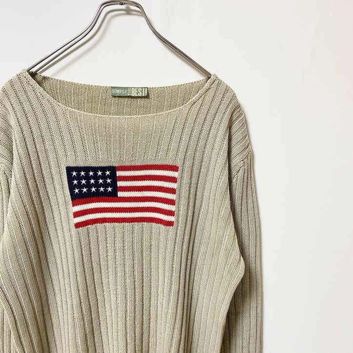 SIMPLYTHEBEST!　長袖デザインニット　セーター　アメリカ国旗　星条旗　ベージュ　秋冬服　古着