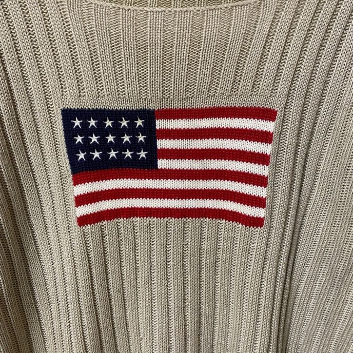 SIMPLYTHEBEST!　長袖デザインニット　セーター　アメリカ国旗　星条旗　ベージュ　秋冬服　古着
