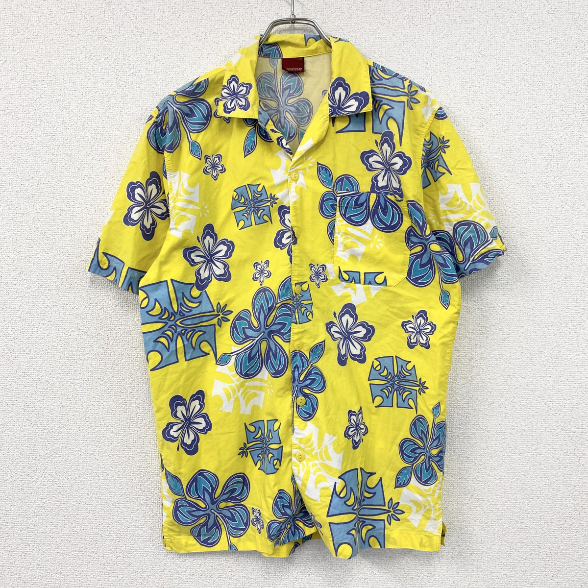 CONTEMP　半袖開襟アロハシャツ　花柄　総柄　黄色　イエロー　Lサイズ　古着