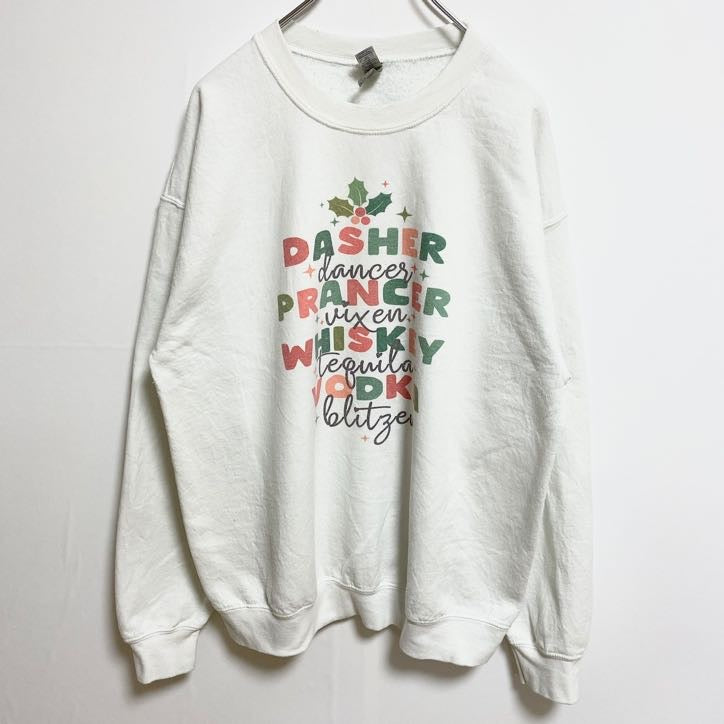 GILDAN　ギルダン　長袖ロゴプリントスウェット　トレーナー　クルーネック　クリスマス　白　ホワイト　秋冬服　Lサイズ　古着