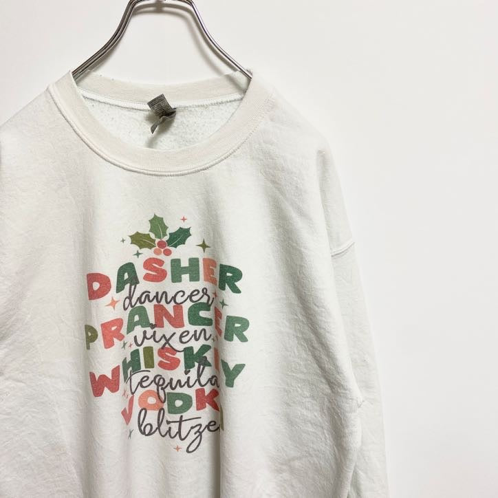 GILDAN　ギルダン　長袖ロゴプリントスウェット　トレーナー　クルーネック　クリスマス　白　ホワイト　秋冬服　Lサイズ　古着
