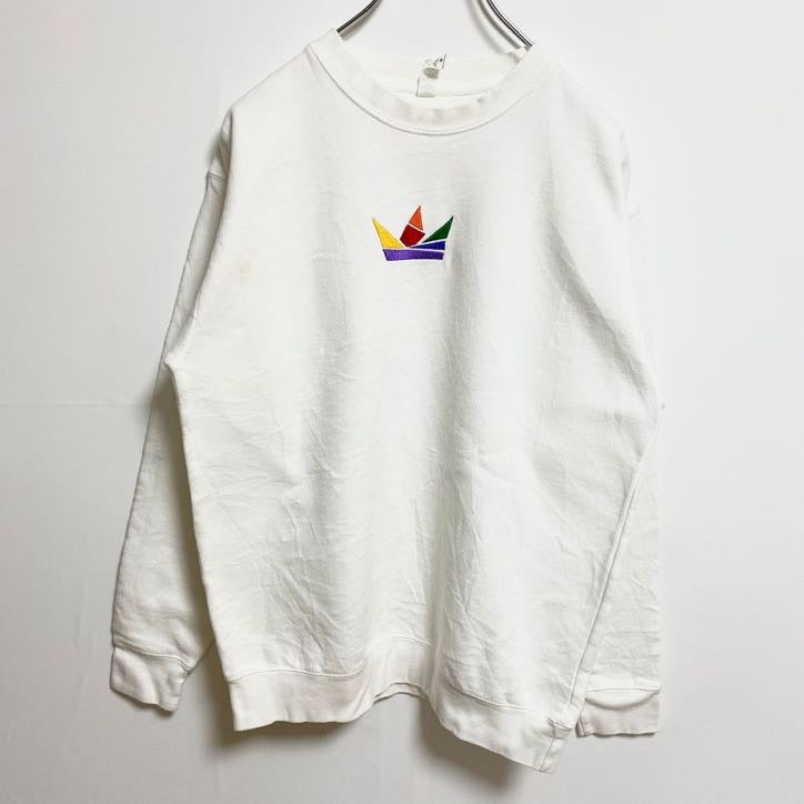 COTTONHERITAGE　スウェット/トレーナー　刺繍ロゴ　ポップデザイン　ワンポイント　クルーネック　白　ホワイト　Mサイズ　古着
