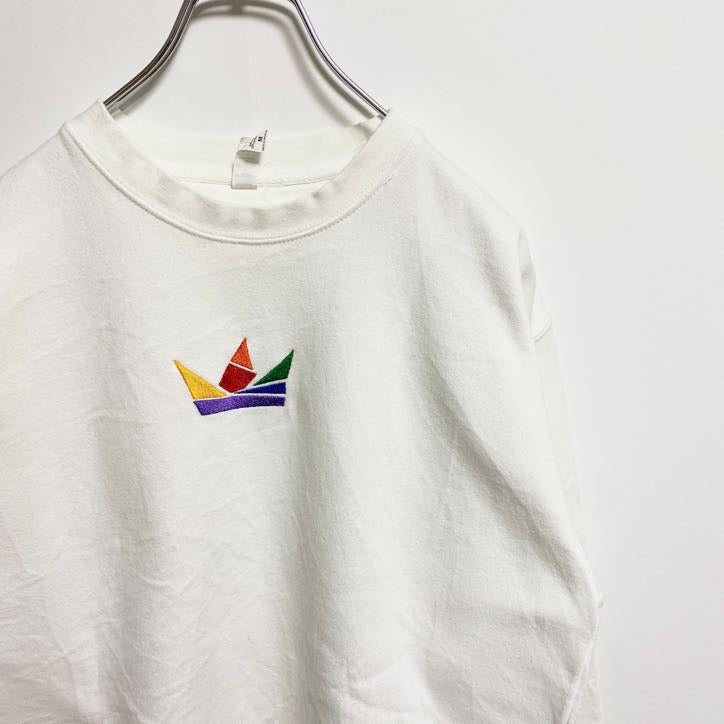 COTTONHERITAGE　スウェット/トレーナー　刺繍ロゴ　ポップデザイン　ワンポイント　クルーネック　白　ホワイト　Mサイズ　古着