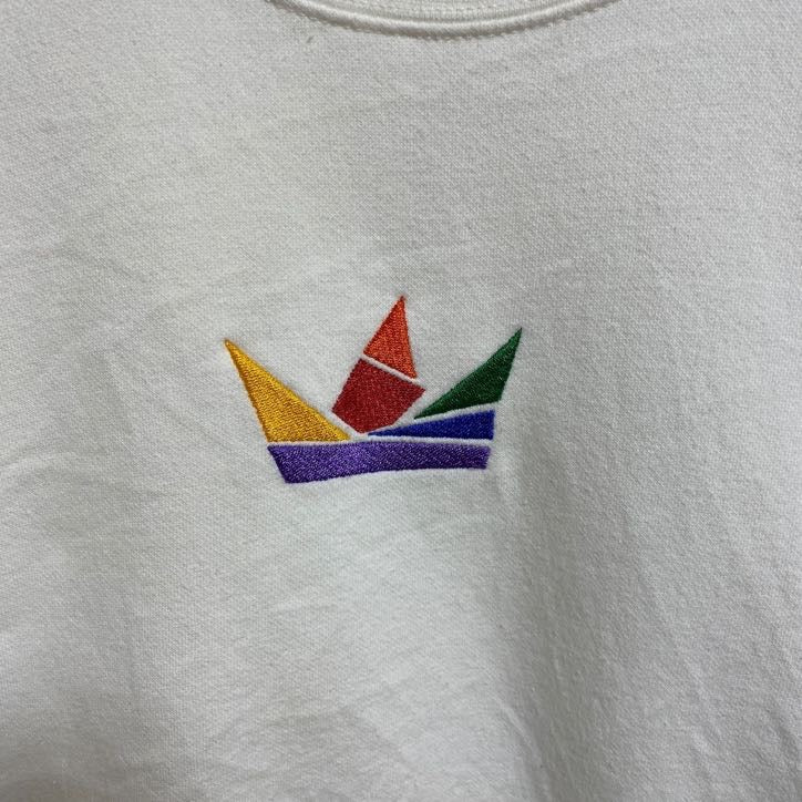 COTTONHERITAGE　スウェット/トレーナー　刺繍ロゴ　ポップデザイン　ワンポイント　クルーネック　白　ホワイト　Mサイズ　古着