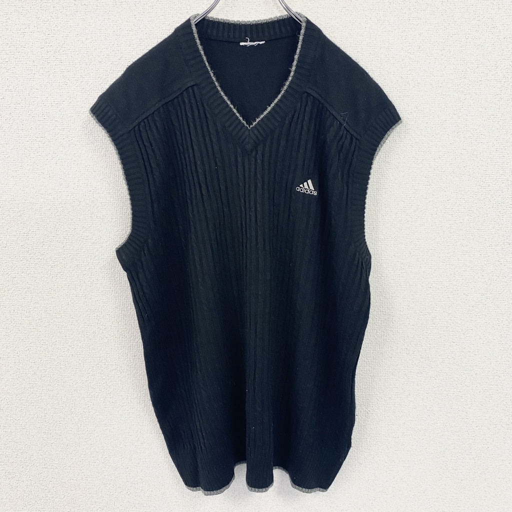 adidas　アディダス　アクリルニットベスト　Vネック　ワンポイント刺繍ロゴ　黒　ブラック　古着
