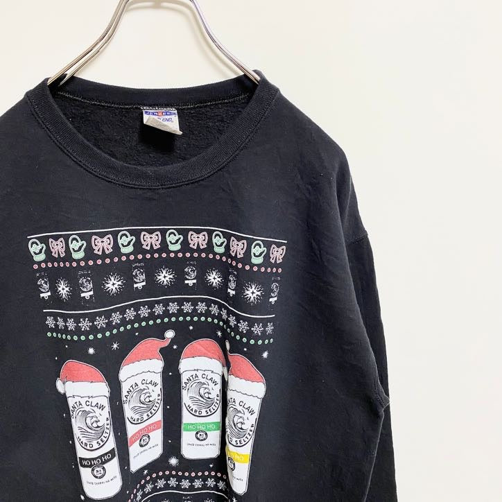 JERZEES　ジャージーズ　長袖プリントスウェット　トレーナー　クルーネック　クリスマス　サンタ　黒　ブラック　Mサイズ　古着