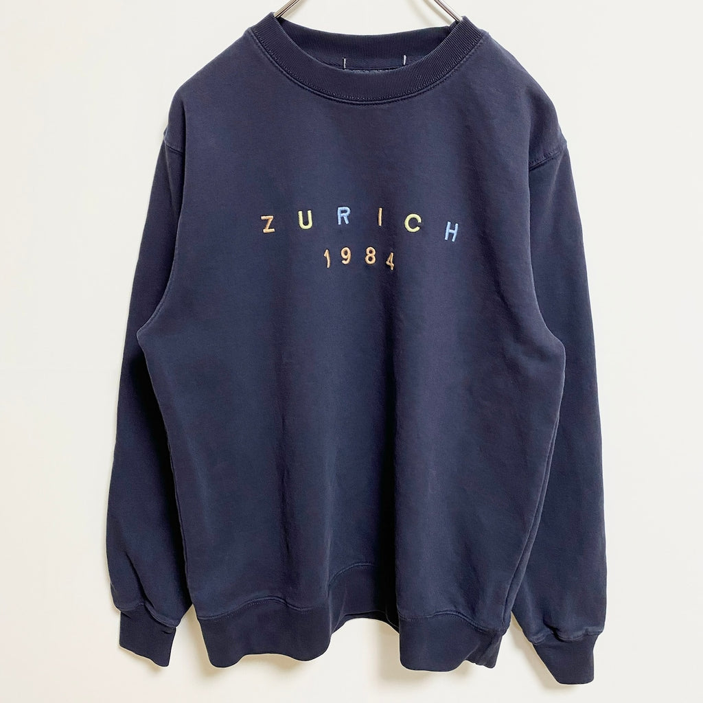 長袖ロゴ刺繍スウェット　トレーナー　クルーネック　チューリッヒ　シンプル　黒　ブラック　秋冬服　古着