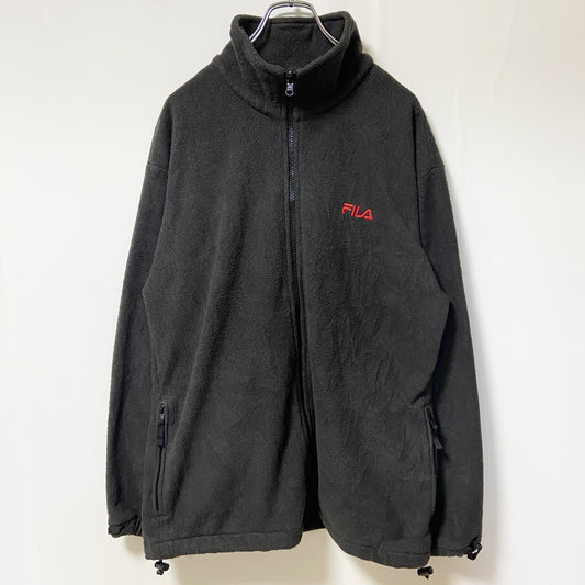 古着 used　FILA フィラ　長袖フルジップフリースジャケット　ダークグレー　ワンポイントロゴ刺　ハイネック　Lサイズ