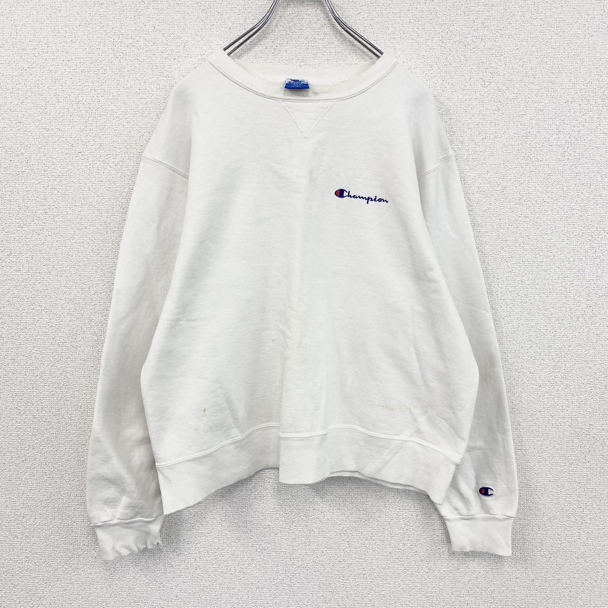 90s　Champion　チャンピオン　スウェット/トレーナー　前V　刺繍ロゴ　刺繍タグ　ヴィンテージ　白　ホワイト　Lサイズ　古着
