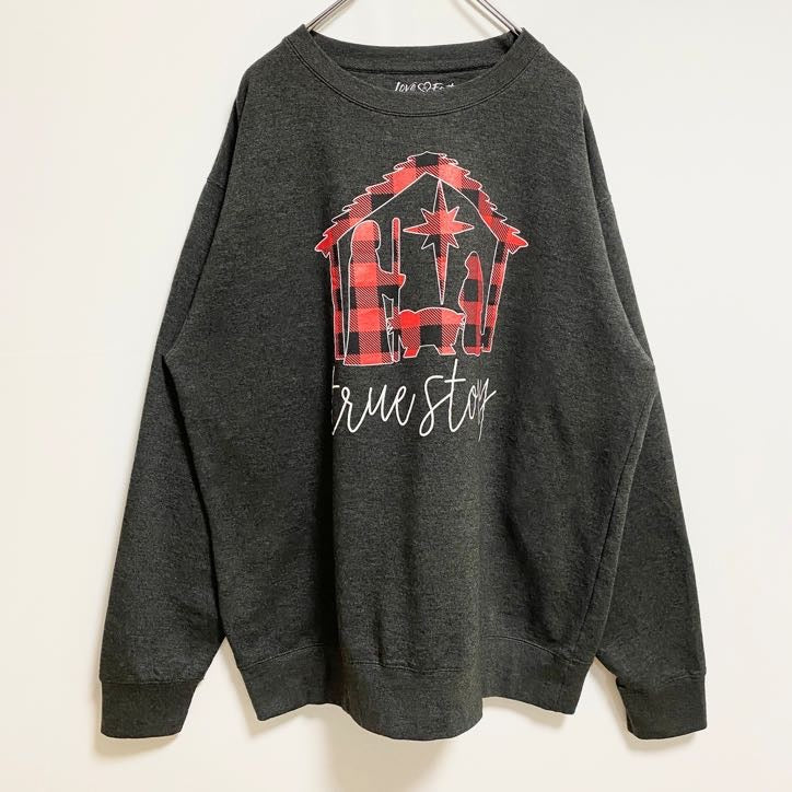 LoveinFaith　スウェット/トレーナー　チェック柄　英字プリント　ビックシルエット　ビッグデザイン　黒　ブラック　XLサイズ　古着