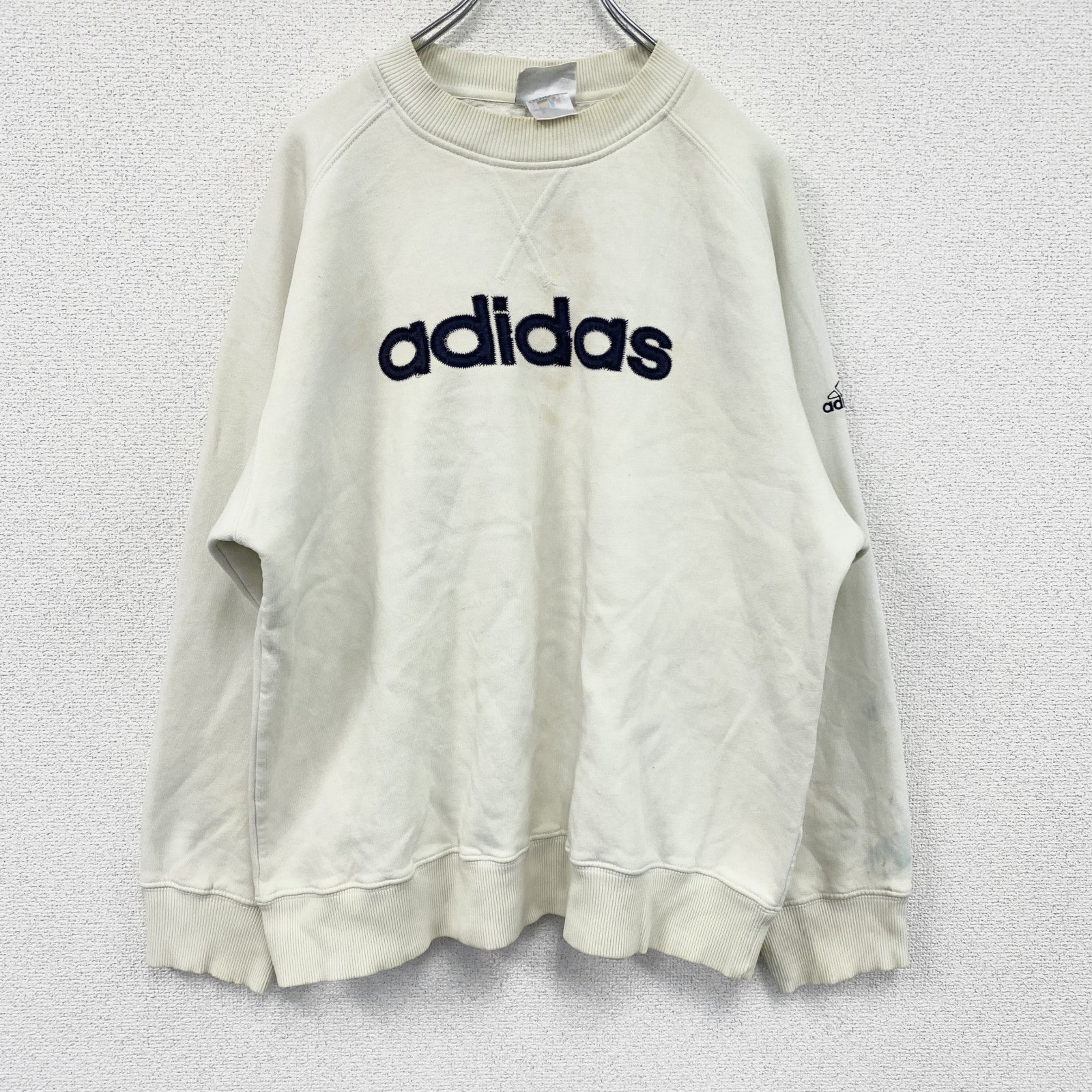 90s～　adidas　アディダス　スウェット/トレーナー　前V　デカロゴ　ヴィンテージ　白　ホワイト　Sサイズ　古着