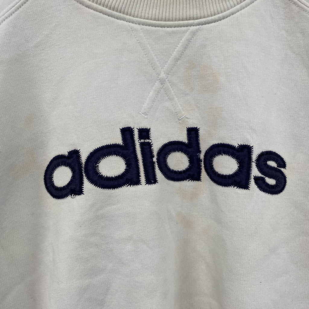 90s～　adidas　アディダス　スウェット/トレーナー　前V　デカロゴ　ヴィンテージ　白　ホワイト　Sサイズ　古着