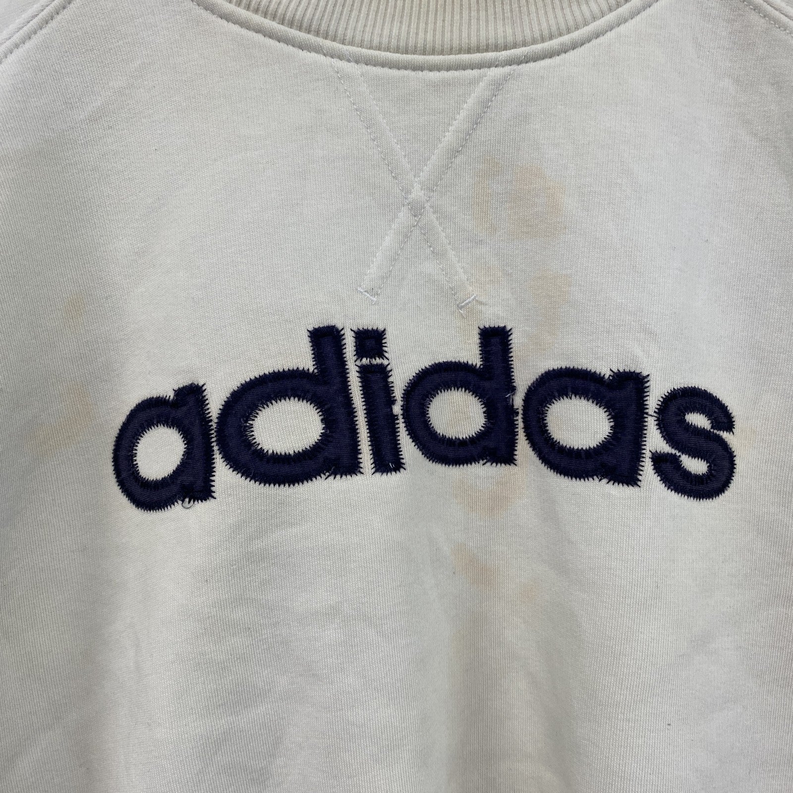 90s～　adidas　アディダス　スウェット/トレーナー　前V　デカロゴ　ヴィンテージ　白　ホワイト　Sサイズ　古着