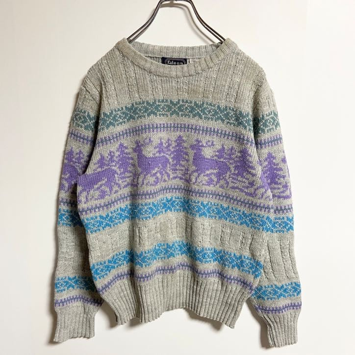 ～90s　Eileen　アクリルニットセーター　クルーネック　ノルディック柄　ヴィンテージ　灰色　グレー　Lサイズ　古着