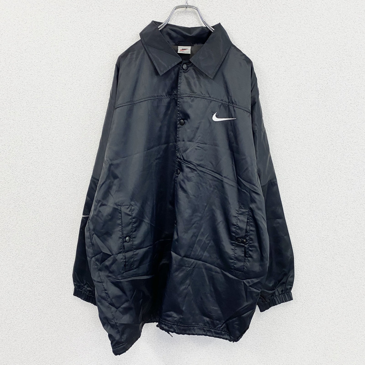 90s～　NIKE　ナイキ　コーチジャケット　フルボタンナイロンジャケット　スウッシュ　黒　ブラック　XLサイズ　　ヴィンテージ　古着