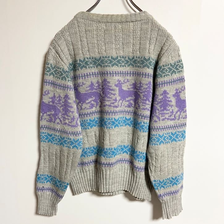 ～90s　Eileen　アクリルニットセーター　クルーネック　ノルディック柄　ヴィンテージ　灰色　グレー　Lサイズ　古着