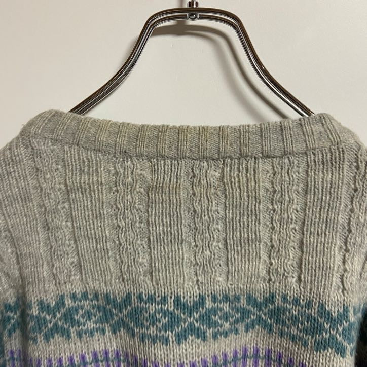 ～90s　Eileen　アクリルニットセーター　クルーネック　ノルディック柄　ヴィンテージ　灰色　グレー　Lサイズ　古着
