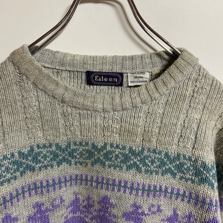 ～90s　Eileen　アクリルニットセーター　クルーネック　ノルディック柄　ヴィンテージ　灰色　グレー　Lサイズ　古着