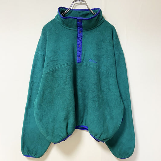 古着 used　80s　L.L.Bean　エルエルビーン　長袖ハーフボタンフリースジャケット　ターコイズブルー　ロゴ刺繡　Ｌサイズ