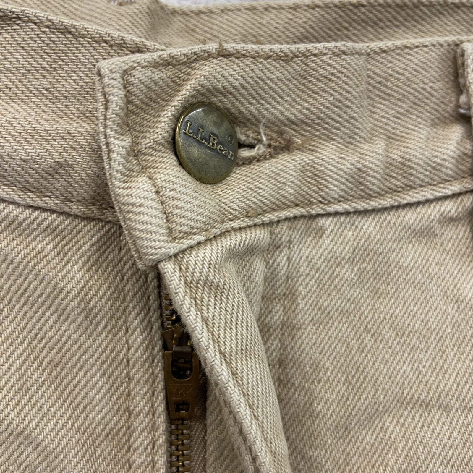 ～90s　L.L.Bean　エルエルビーン　デニムパンツ/ジーンズ　ジップフライ　ネル生地ライナー　革パッチ　ベージュ　14サイズ　　ヴィンテージ　古着