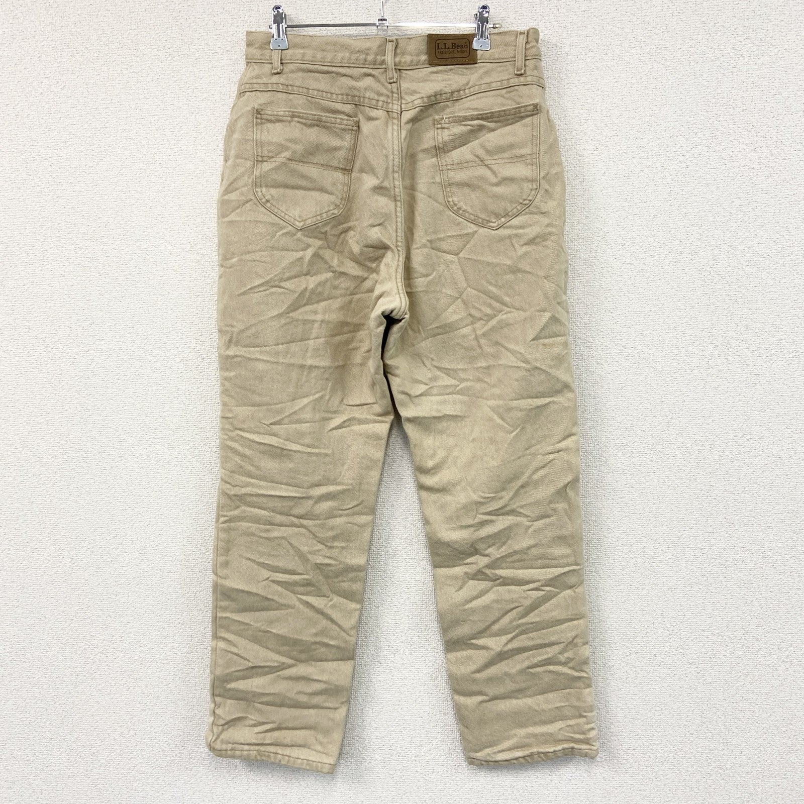～90s　L.L.Bean　エルエルビーン　デニムパンツ/ジーンズ　ジップフライ　ネル生地ライナー　革パッチ　ベージュ　14サイズ　　ヴィンテージ　古着