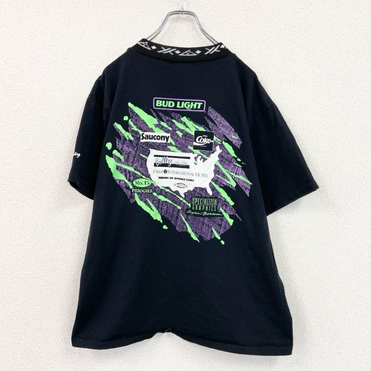 90s　Tinley　半袖プリントTシャツ　Coca-Cola　トライアスロン　シングルステッチ　企業ロゴ　黒　ブラック　XLサイズ　　ヴィンテージ　古着