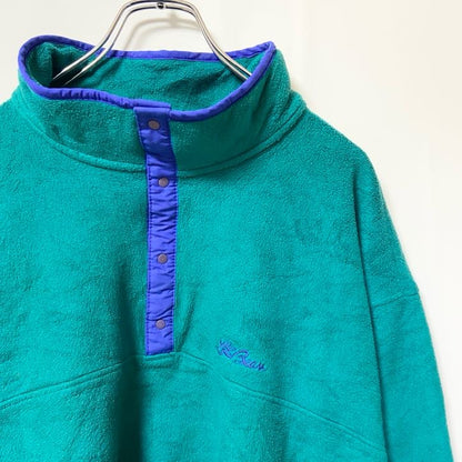 古着 used　80s　L.L.Bean　エルエルビーン　長袖ハーフボタンフリースジャケット　ターコイズブルー　ロゴ刺繡　Ｌサイズ