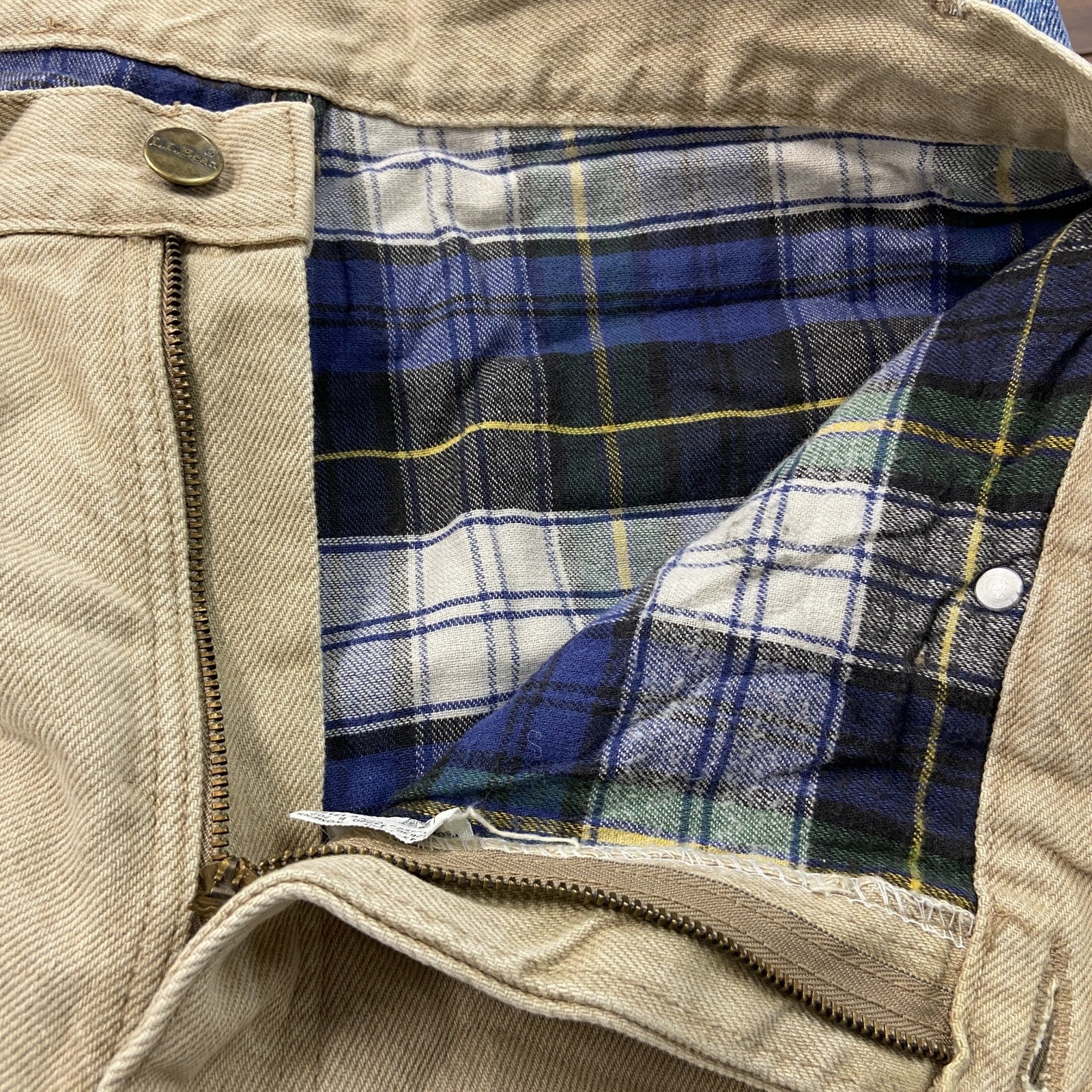 ～90s　L.L.Bean　エルエルビーン　デニムパンツ/ジーンズ　ジップフライ　ネル生地ライナー　革パッチ　ベージュ　14サイズ　　ヴィンテージ　古着