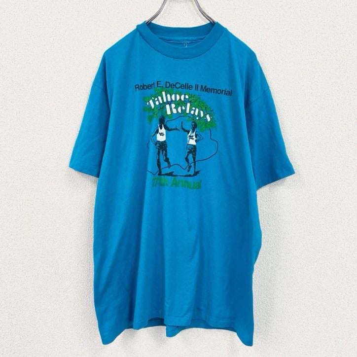 90s　半袖プリントTシャツ　ヴィンテージ　シングルステッチ　青　ブルー　　古着