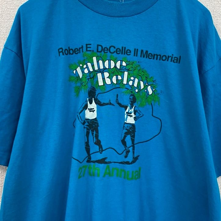 90s　半袖プリントTシャツ　ヴィンテージ　シングルステッチ　青　ブルー　　古着