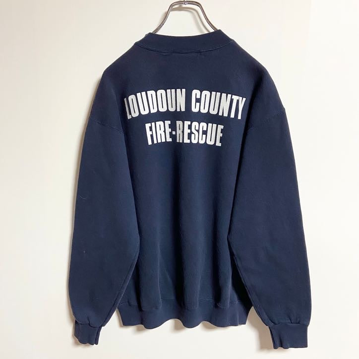 長袖ワンポイントプリントスウェット　トレーナー　クルーネック　バージニア　ネイビー　紺　レトロ　秋冬服　古着