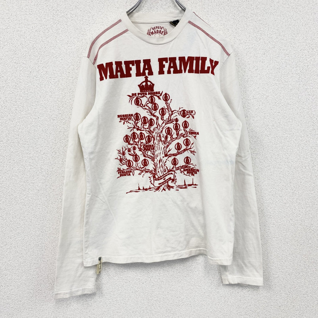 DEPUTA MADRE　長袖Tシャツ/ロンT　フロッキープリント　MAFIA　白　ホワイト　Mサイズ　古着
