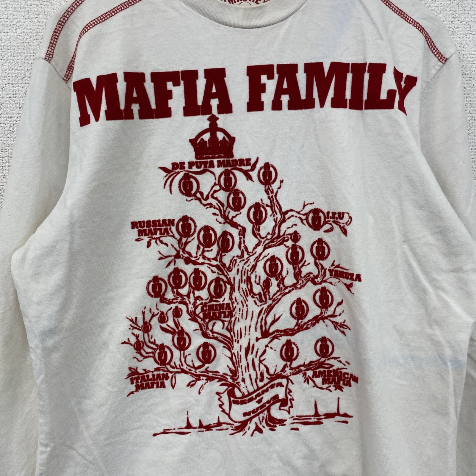 DEPUTA MADRE　長袖Tシャツ/ロンT　フロッキープリント　MAFIA　白　ホワイト　Mサイズ　古着