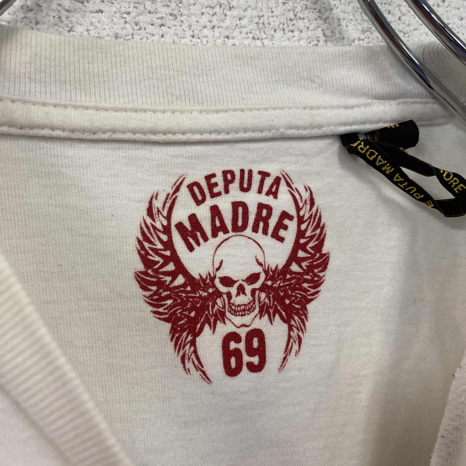 DEPUTA MADRE　長袖Tシャツ/ロンT　フロッキープリント　MAFIA　白　ホワイト　Mサイズ　古着