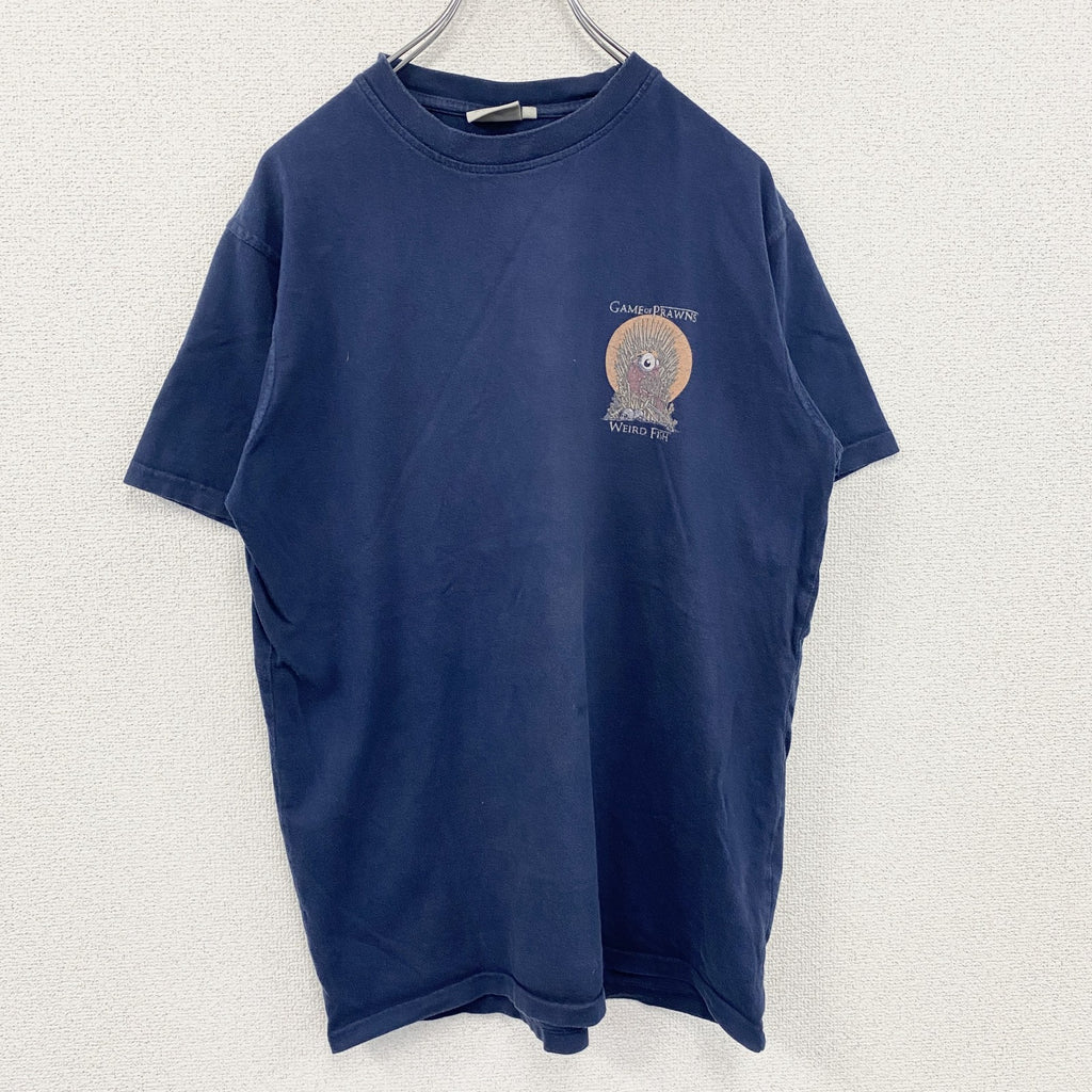 ～00s　Weird fish　半袖プリントTシャツ　Game of Prawns　ヴィンテージ　紺　ネイビー　Mサイズ　古着