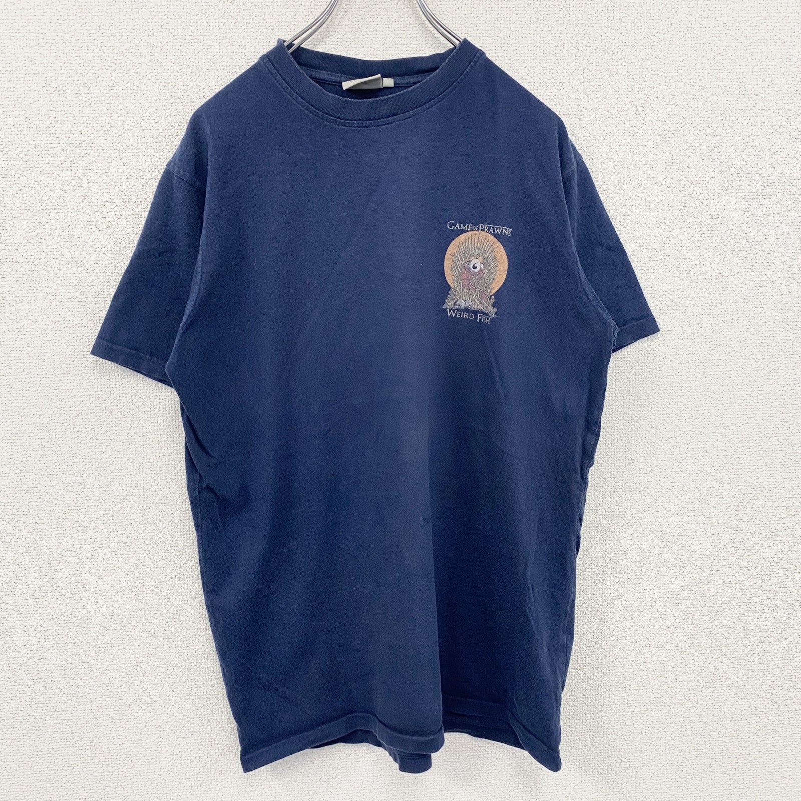～00s　Weird fish　半袖プリントTシャツ　Game of Prawns　ヴィンテージ　紺　ネイビー　Mサイズ　古着