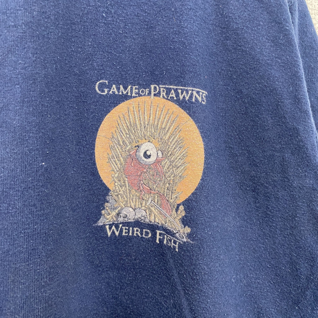 ～00s　Weird fish　半袖プリントTシャツ　Game of Prawns　ヴィンテージ　紺　ネイビー　Mサイズ　古着
