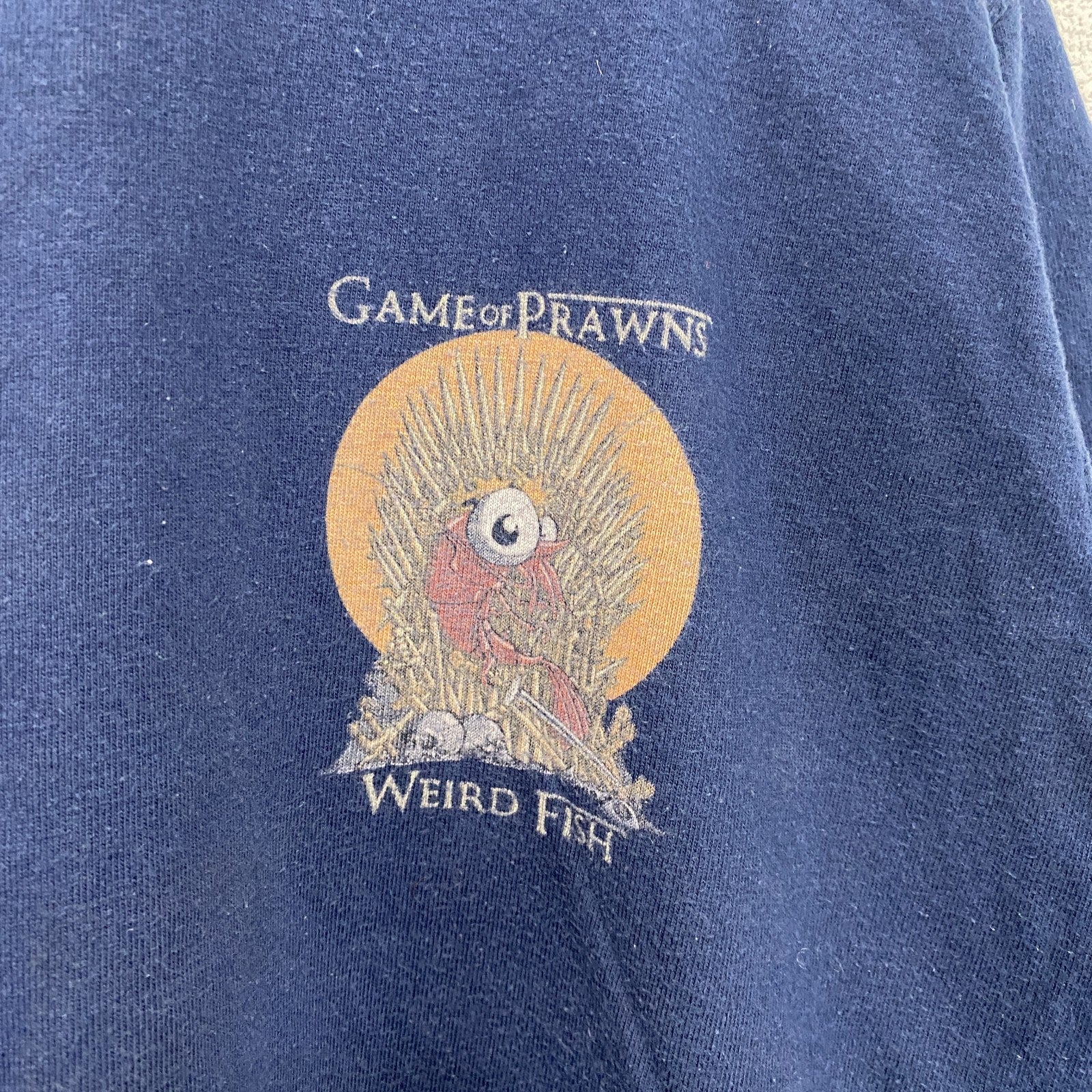 ～00s　Weird fish　半袖プリントTシャツ　Game of Prawns　ヴィンテージ　紺　ネイビー　Mサイズ　古着