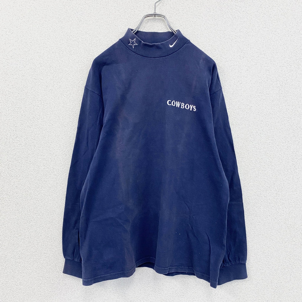90s　NIKE　ナイキ　NFL　COWBOYS　長袖Tシャツ/ロンT　ハイネック　スウッシュ　紺　ネイビー　Mサイズ　　ヴィンテージ　古着