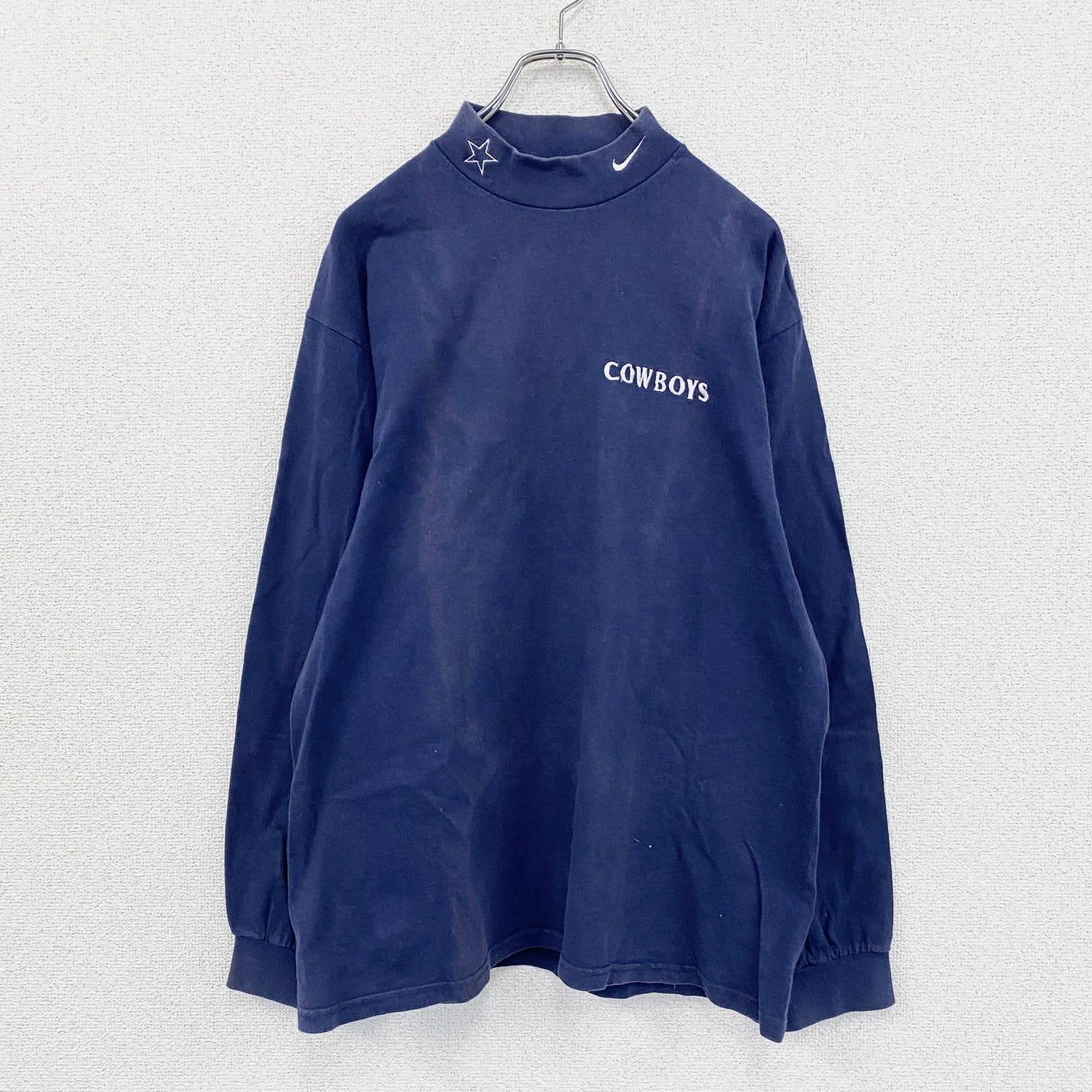 90s　NIKE　ナイキ　NFL　COWBOYS　長袖Tシャツ/ロンT　ハイネック　スウッシュ　紺　ネイビー　Mサイズ　　ヴィンテージ　古着