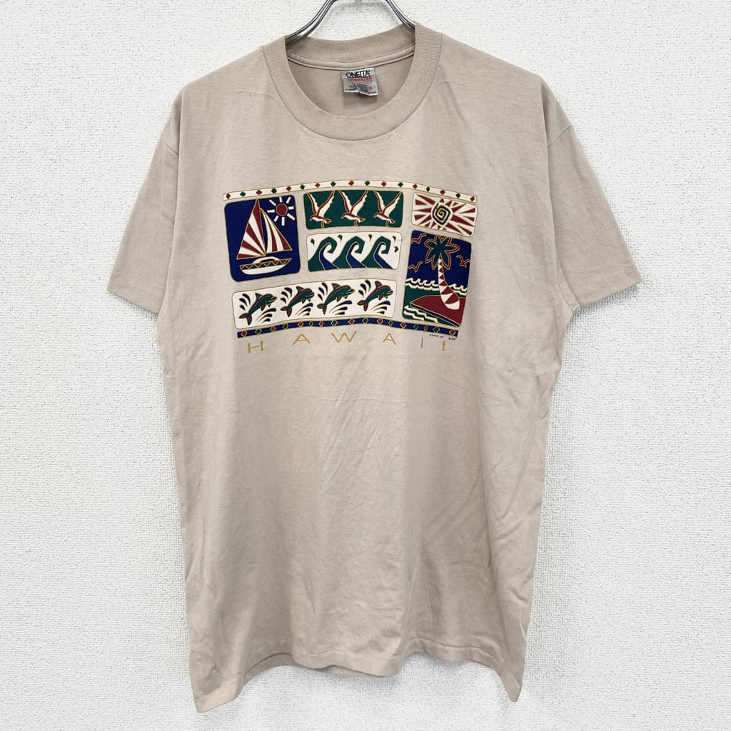 90s　ONEITA　半袖プリントTシャツ　シングルステッチ　ベージュ　XLサイズ　　ヴィンテージ　古着
