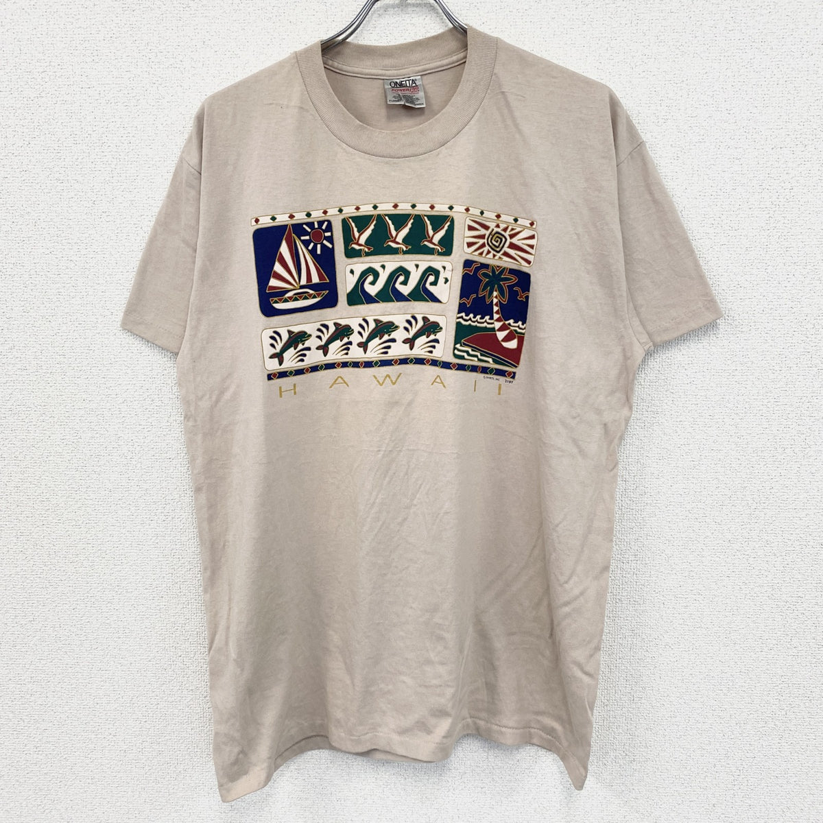 90s　ONEITA　半袖プリントTシャツ　シングルステッチ　ベージュ　XLサイズ　　ヴィンテージ　古着