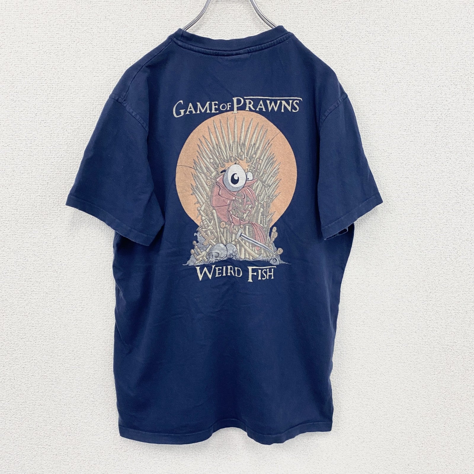 ～00s　Weird fish　半袖プリントTシャツ　Game of Prawns　ヴィンテージ　紺　ネイビー　Mサイズ　古着