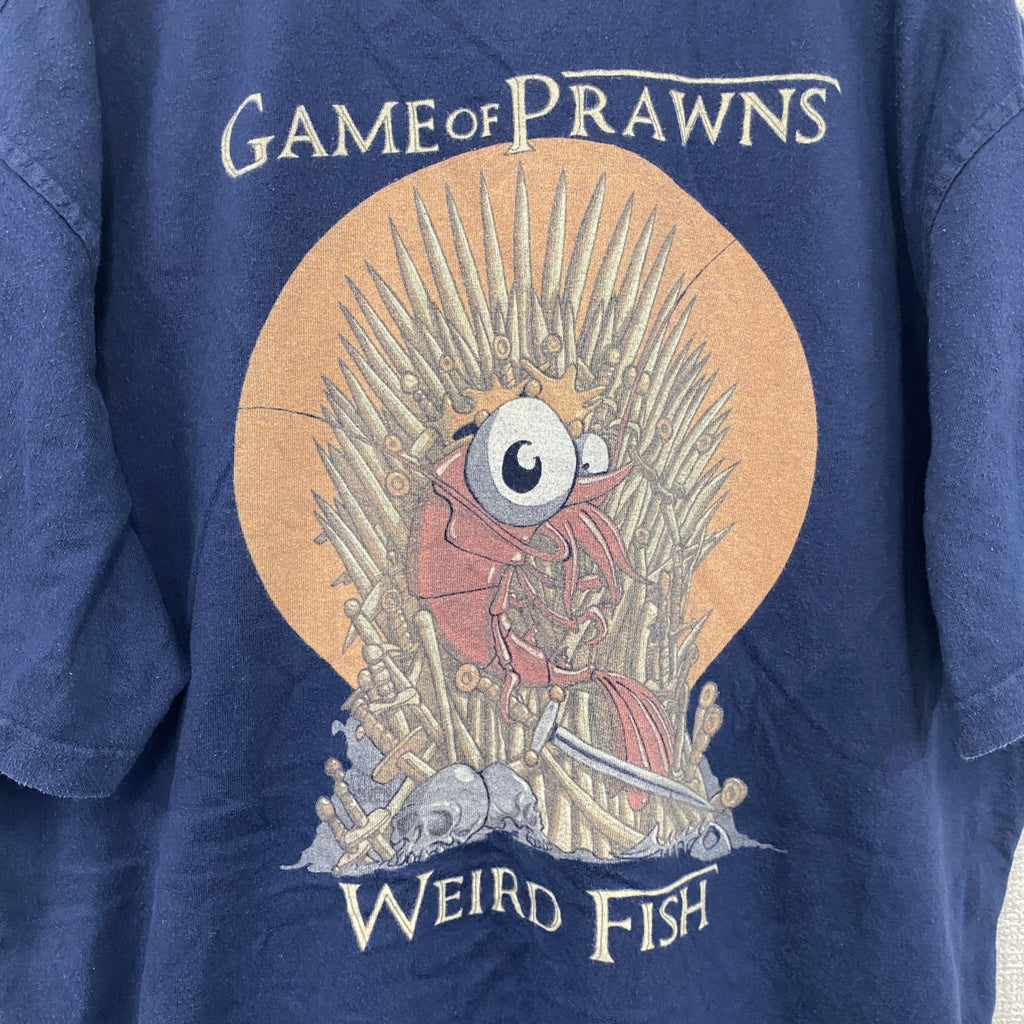 ～00s　Weird fish　半袖プリントTシャツ　Game of Prawns　ヴィンテージ　紺　ネイビー　Mサイズ　古着