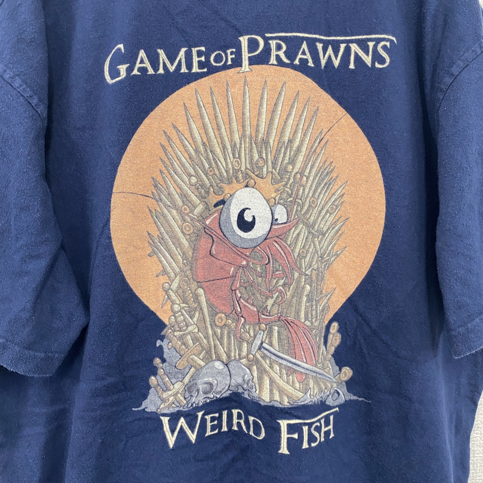 ～00s　Weird fish　半袖プリントTシャツ　Game of Prawns　ヴィンテージ　紺　ネイビー　Mサイズ　古着