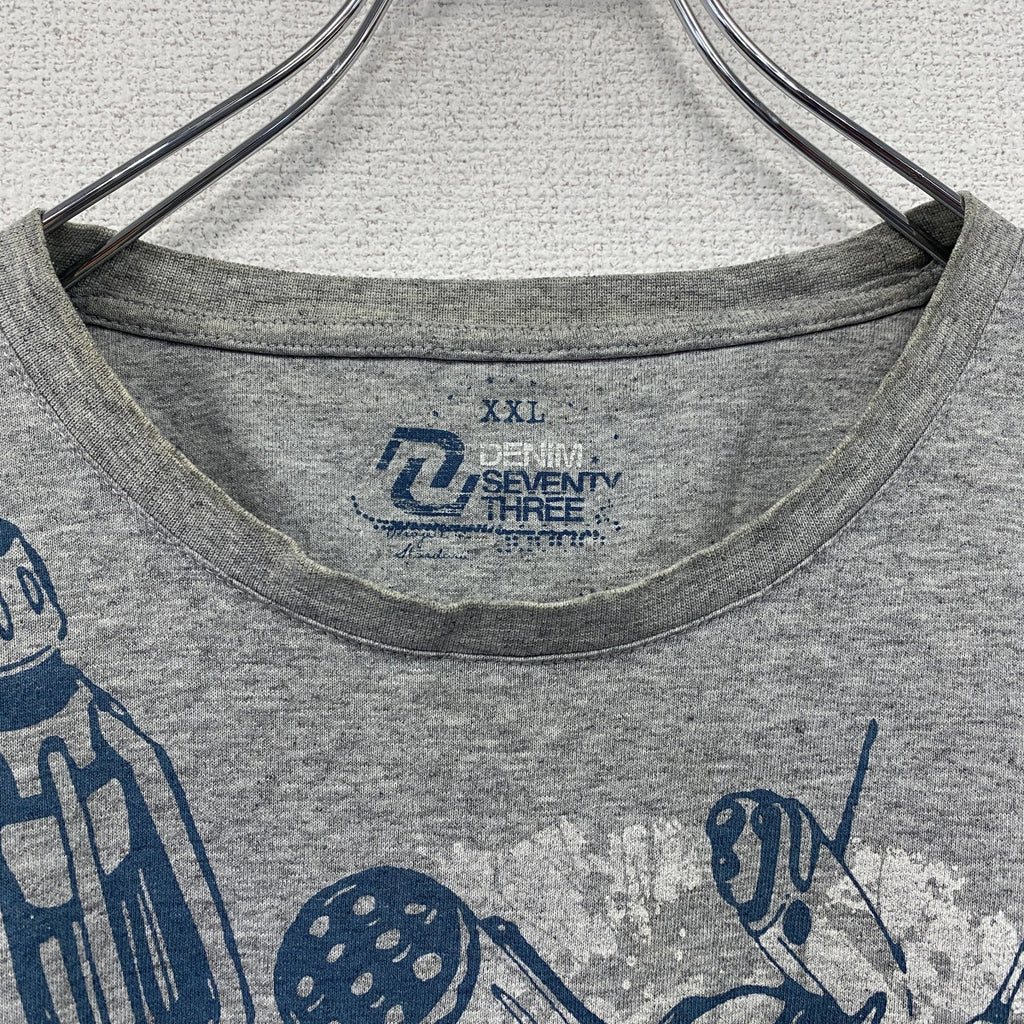 DENIM SEVENTY THREE　半袖プリントTシャツ　ロボT　灰色　霜降りグレー　2XLサイズ　古着