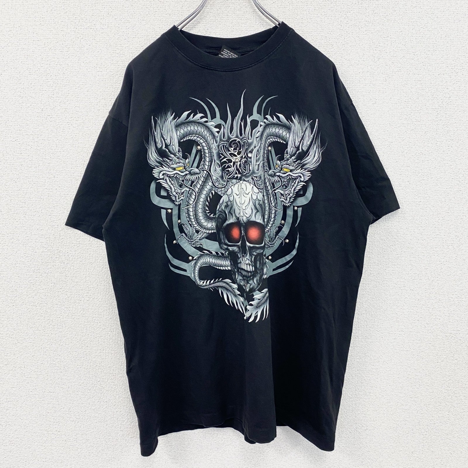 Wild　半袖プリントTシャツ　スカル　骸骨　龍　黒　ブラック　XLサイズ　古着