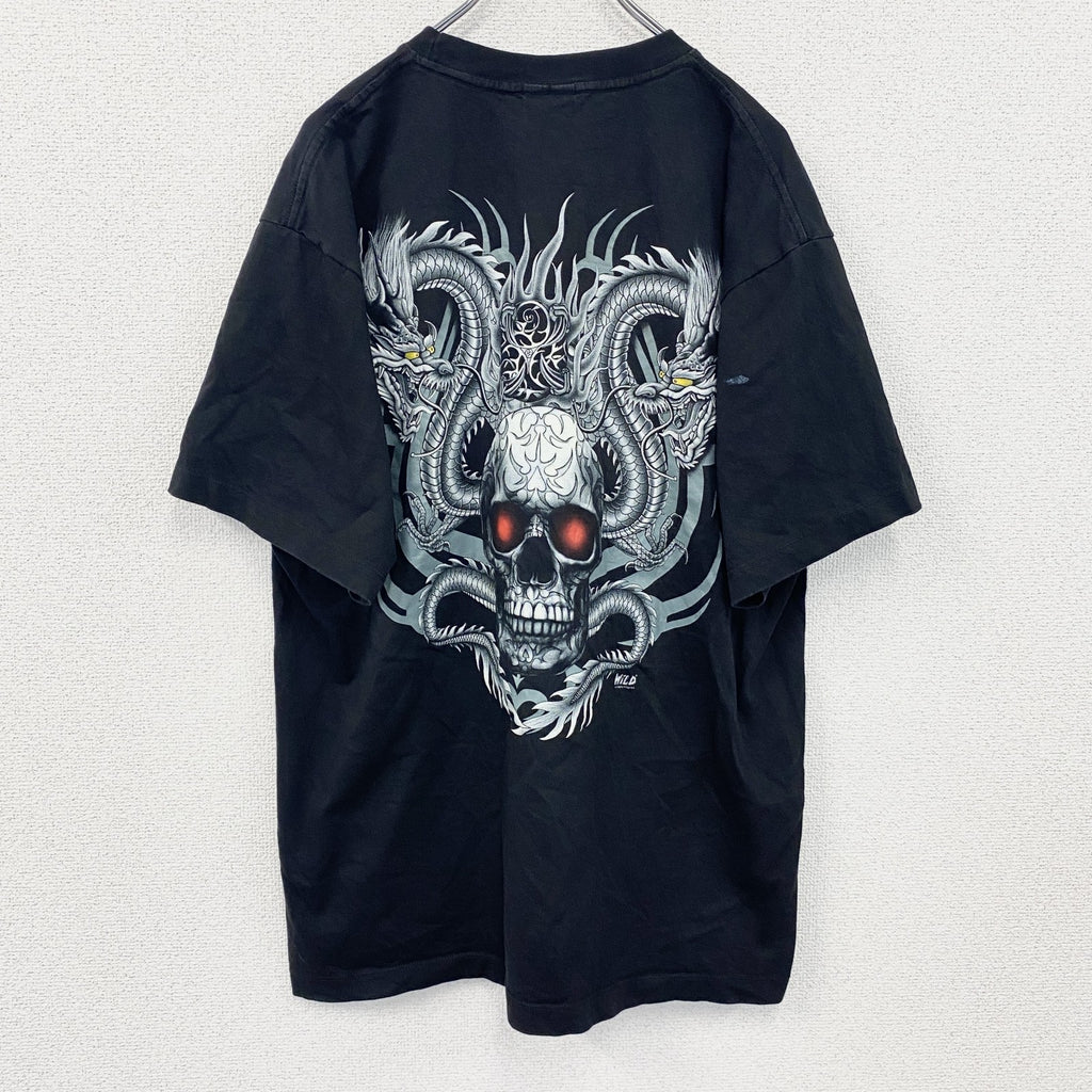 Wild　半袖プリントTシャツ　スカル　骸骨　龍　黒　ブラック　XLサイズ　古着